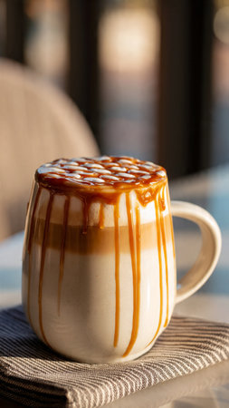 Coffee latte with caramel sauce in a coffee shop.の写真素材