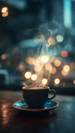 Cup of coffee with bokeh lights on the background.の写真素材