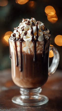 Hot chocolate with whipped cream and chocolate syrup in a glass on a dark background.
