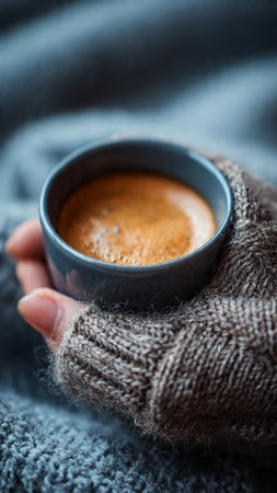 Female hands in warm woolen gloves holding a cup of coffee.の写真素材