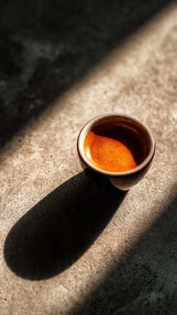 cup of coffee on a dark background with rays of light from the windowの写真素材