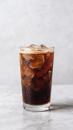 Cola with ice cubes in a glass on a light background, vertical