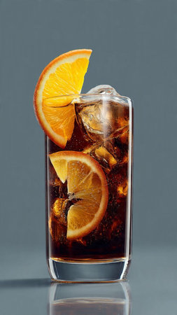 Glass of cola with ice cubes and orange slice on grey background