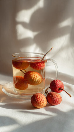 Litchi tea in a glass cup on a white tableclothの写真素材