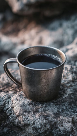 Coffee cup on rock, Thailand. (Selective focus)の写真素材