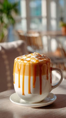 Cappuccino with caramel sauce in a white cup on the tableの写真素材