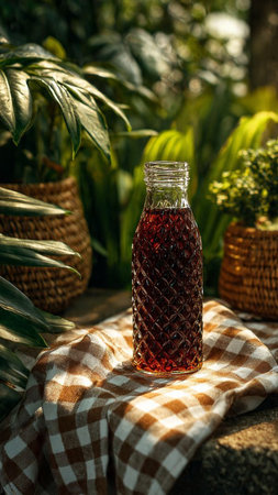 A glass bottle with a drink on the table in the garden.の写真素材