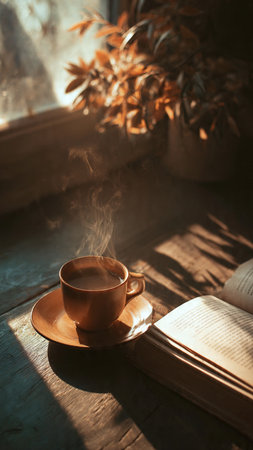 Cup of coffee and book on a wooden table in the sunlightの写真素材