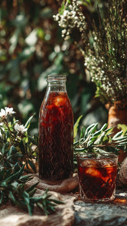 A bottle of cola with ice cubes on the background of greenery