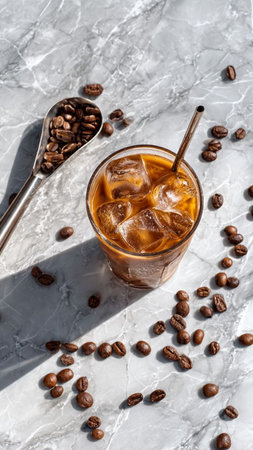 Iced coffee in a glass with ice cubes and coffee beansle background
