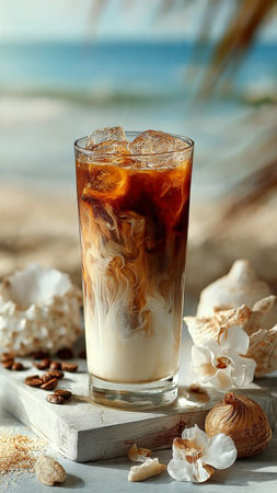 Glass of iced coffee with ice cubes on table, on light background