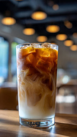 Iced coffee in glass on wooden table in coffee shop, stock photo