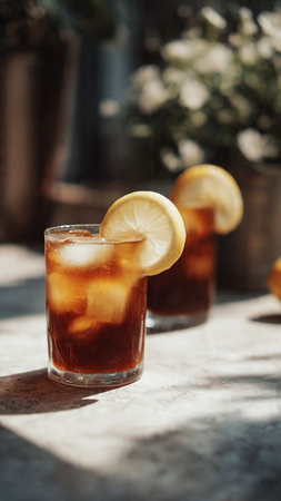 Iced tea with lemon and ice cubes in a glass on the tableの写真素材