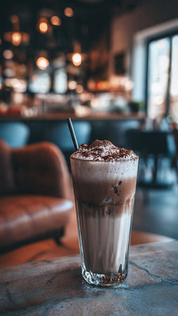 Iced coffee with whipped cream in a glass on the table.の写真素材