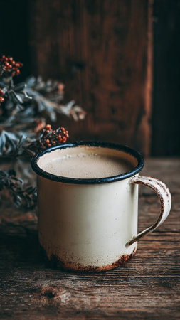 Cup of coffee on a wooden background. Vintage style toned pictureの写真素材