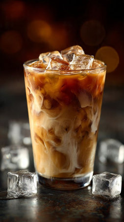 Iced coffee with ice cubes on dark background, closeup view