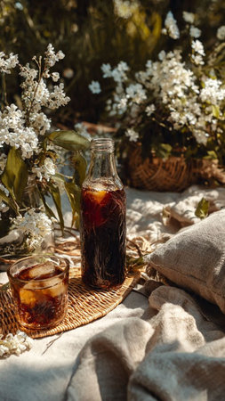 Iced coffee in a glass bottle on a table in the gardenの写真素材