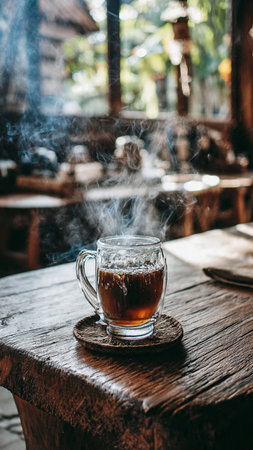 Coffee cup with smoke on wooden table in coffee shop.の写真素材