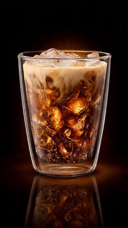 Iced coffee in a glass with ice cubes on a black background