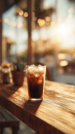 Glass of cola on wooden table in coffee shop. Selective focus