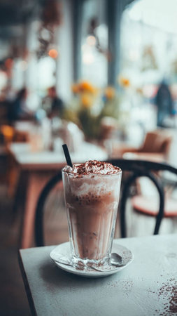 Iced chocolate with whipped cream in a glass on the table.の写真素材