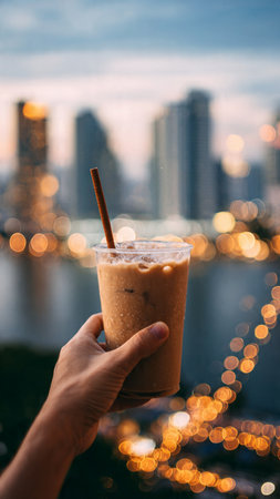 Iced coffee in hand on the background of skyscrapers.の写真素材