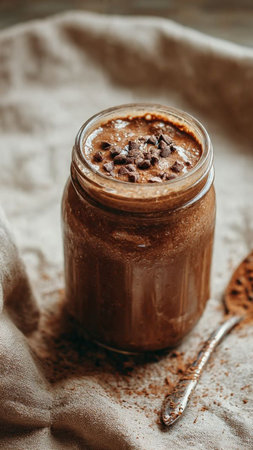 Chocolate smoothie in a jar with cocoa powder, selective focusの写真素材