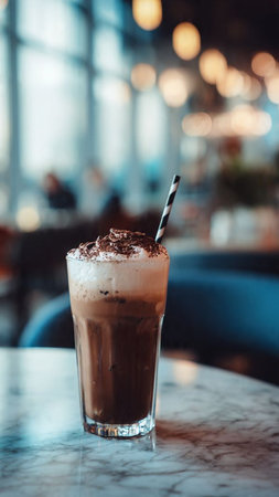 Iced coffee with whipped cream in a tall glass on the tableの写真素材