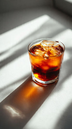 Ice cubes in a glass on a white background with shadowsの写真素材