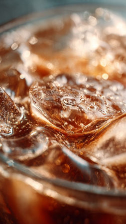 Glass of cola with ice cubes on table, closeup viewの写真素材