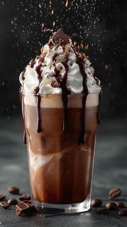 Iced coffee with whipped cream and chocolate on a dark background.