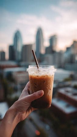 Iced coffee in hand on the background of skyscrapers.の写真素材