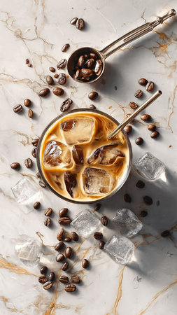 Iced coffee with ice cubes on white marble table, top view
