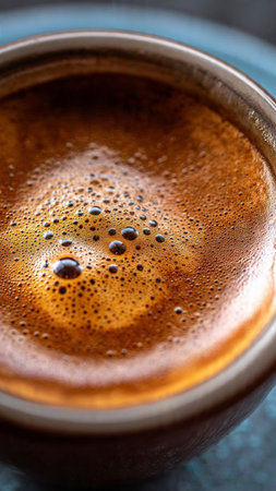 Coffee in a brown cup on a dark background close upの写真素材