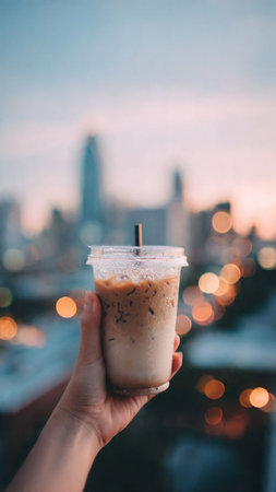 Iced coffee with milk in hand on the background of the cityの写真素材