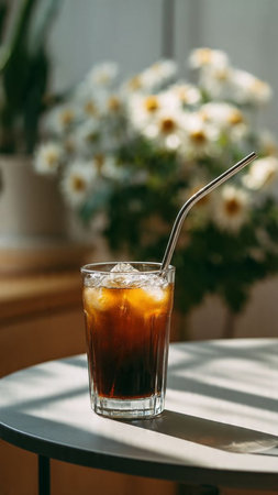 Glass of cola with ice cubes and straw on table in cafe
