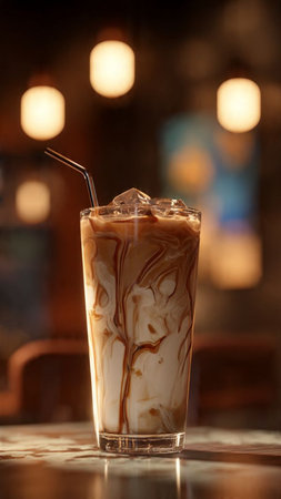 Iced coffee with milk foam in a glass on the table.