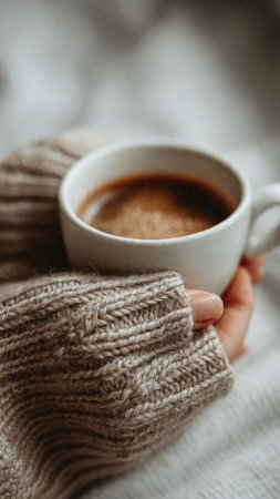 Female hands in warm knitted sweater holding a cup of hot coffeeの写真素材