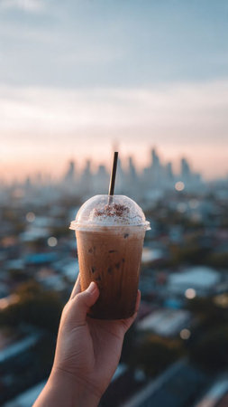 Woman hand holding iced coffee with blur city background at sunset.の写真素材
