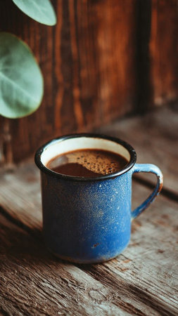 Coffee in a blue cup on a rustic wooden backgroundの写真素材