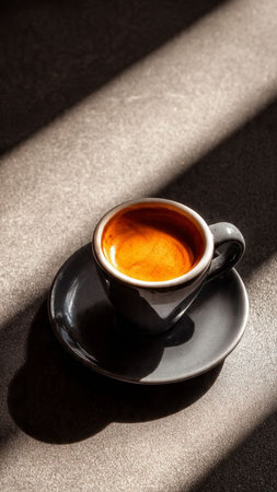 Espresso coffee in a cup on a dark background with sunlightの写真素材