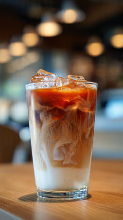 Iced coffee with ice in a glass on the wooden table.