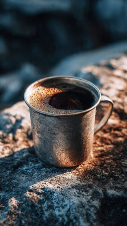 Cup of coffee on the stone in the morning sunlight. Selective focus.の写真素材