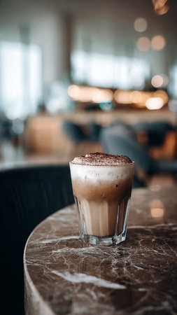 Coffee in a glass on the table in a cafe.の写真素材