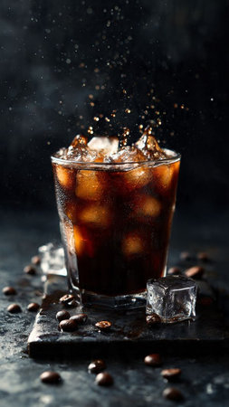 Cola with ice cubes and coffee beans on dark background, selective focus