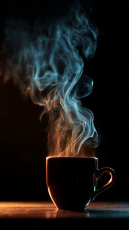 Cup of hot coffee with smoke on dark background. Selective focusの写真素材