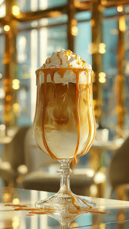 Cappuccino with caramel sauce on glass table, closeupの写真素材