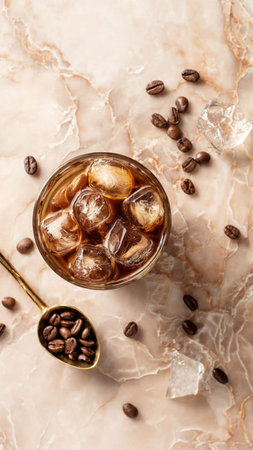 Glass of iced coffee with ice cubes and coffee beansle backgroundの写真素材