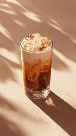 Iced coffee with milk in a glass on a background of sunlight.
