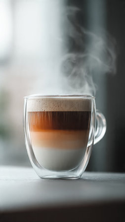 Coffee cup with steam on table in cafe, stock photoの写真素材